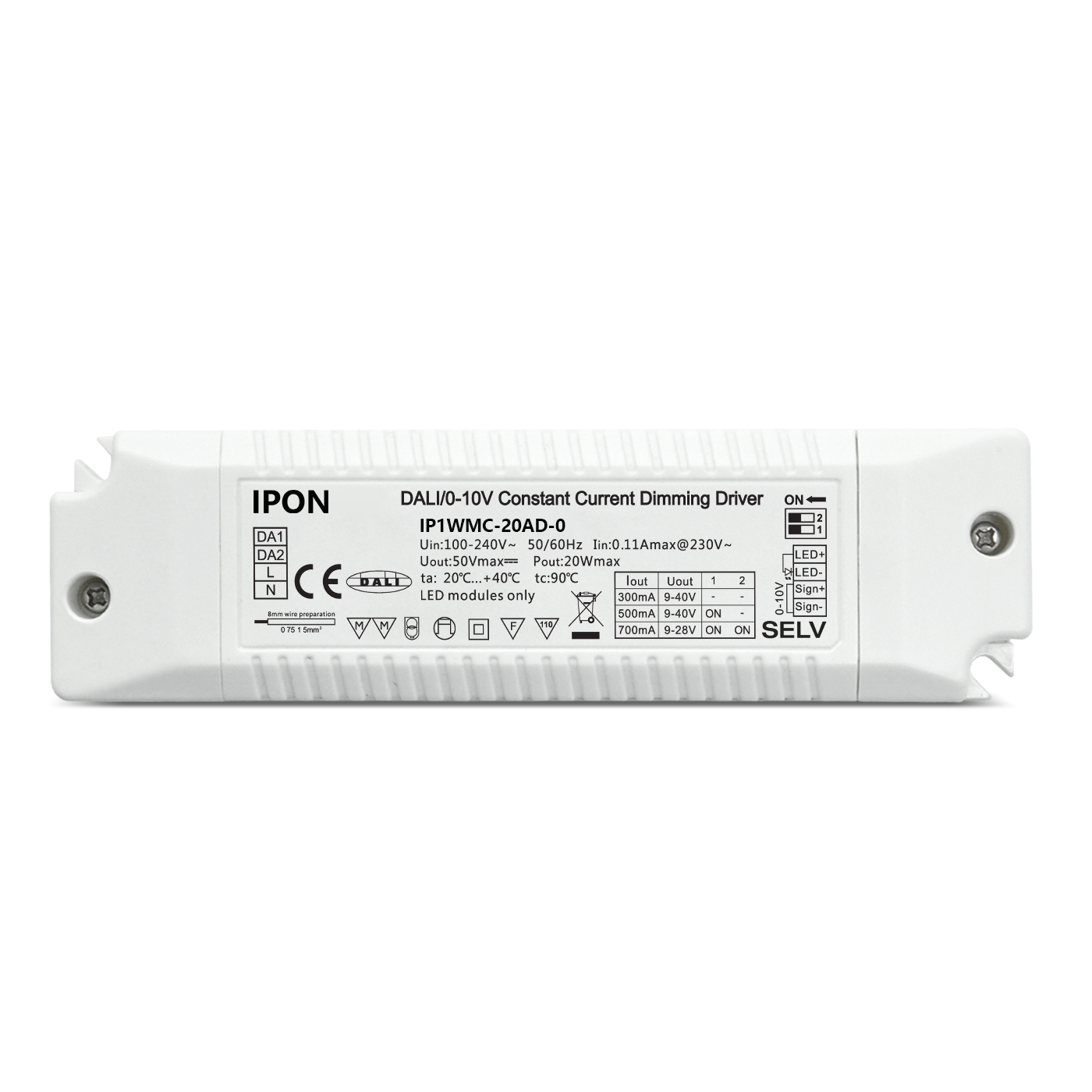 20W 300,500,700mA CC DALI,0-10V Driver IP1WMC-20AD-0